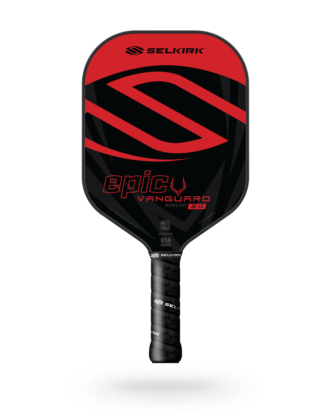 A red and black Selkirk Vanguard Epic Pickleball Paddle with a black grip, featuring the Selkirk logo and text. The paddle is equipped with QuadCarbon Face technology and an X5 Honeycomb core for superior performance.