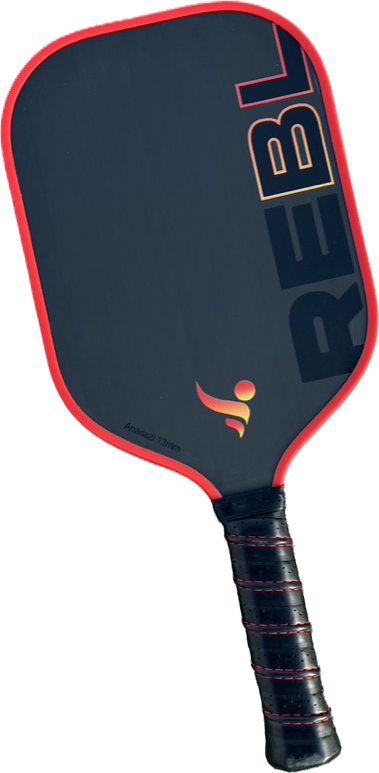 A black and red REBL Anasazi 16mm Pickleball Paddle with a logo and the word "REBL" on the face, and a wrapped grip handle.