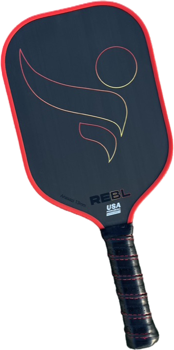 A REBL Anasazi 13mm Pickleball Paddle with a red border, a stylized logo, and the text "REBL" and "USA Pickleball Approved" near the handle.