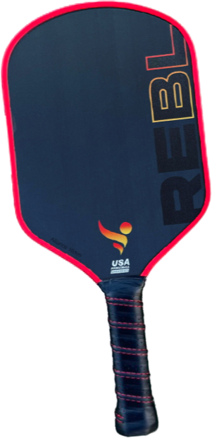 A REBL Alliance 16mm Pickleball Paddle with a black face, red edges, and a red and black handle. It has the brand name "REBL" and a USA Pickleball certification logo.
