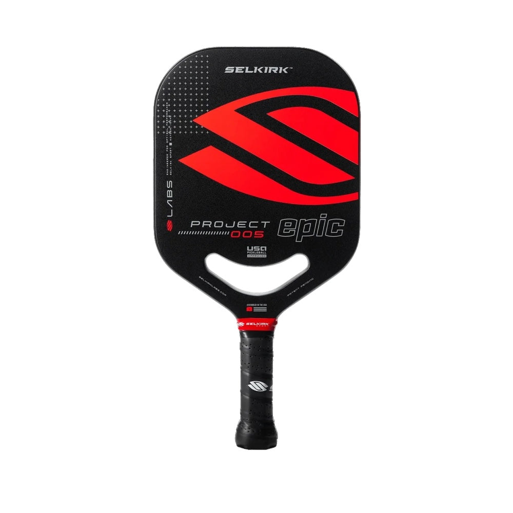 The Selkirk Labs Project 005 Epic Widebody 16mm Pickleball Paddle by Selkirk features a black and red design, perforated handle, and branded paddle face.