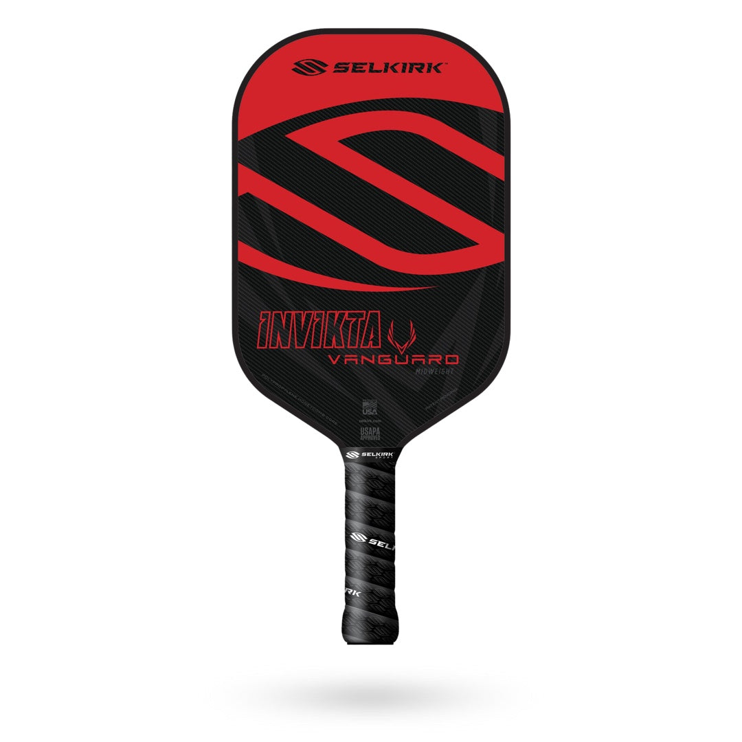 A red and black Selkirk Vanguard Invikta Pickleball Paddle with a geometric design and the Selkirk logo, backed by a Limited Lifetime Warranty.