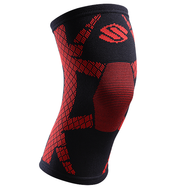 A black and red Selkirk 4D Knitted Protective Knee Support featuring a crisscross pattern and a reinforced area for the knee.