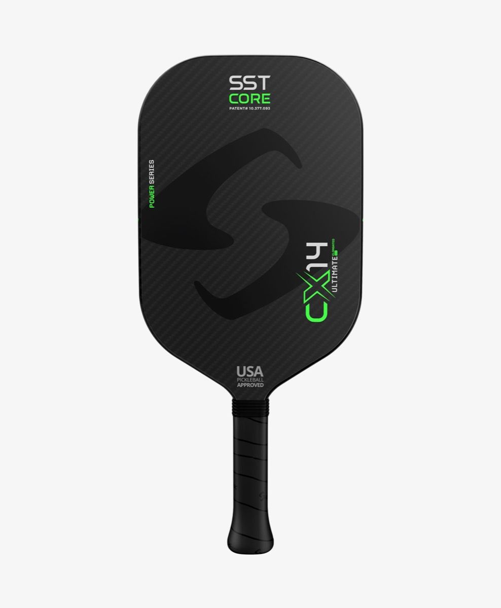 A black Gearbox CX14E Ultimate Power Pickleball Paddle with "SSTcore rib structure," "CX14 Ultimate Power," and "USA Approved" written on it. The paddle features a carbon fiber pattern and a green and white color scheme for the text and logos.