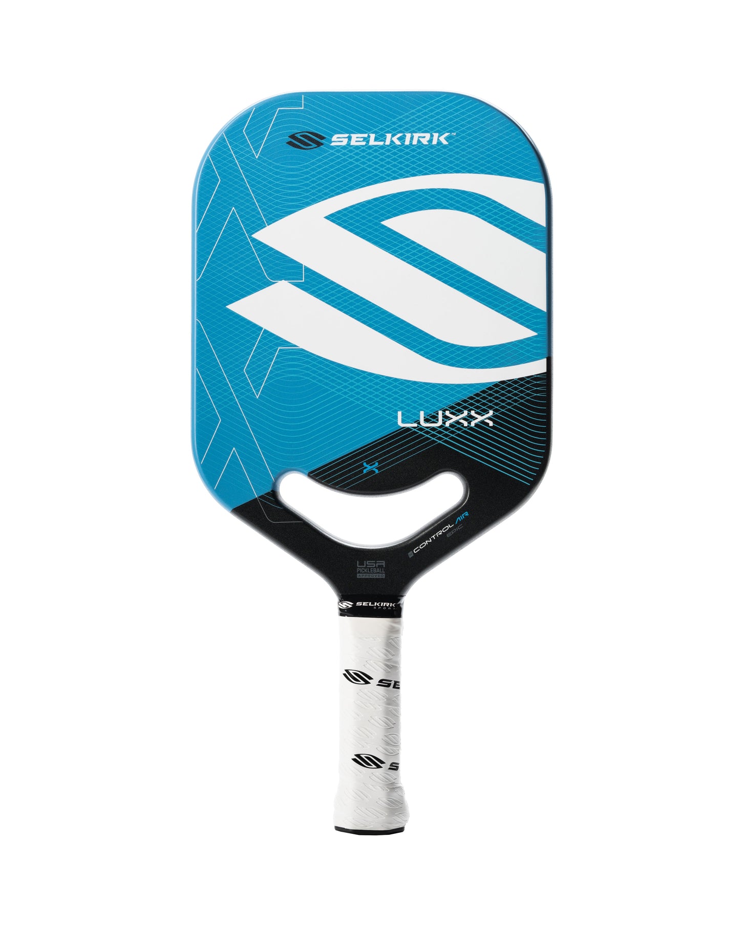 A Pickleballist Selkirk LUXX Control Air Epic pickleball paddle with a blue and white design, featuring the logo prominently on the head.