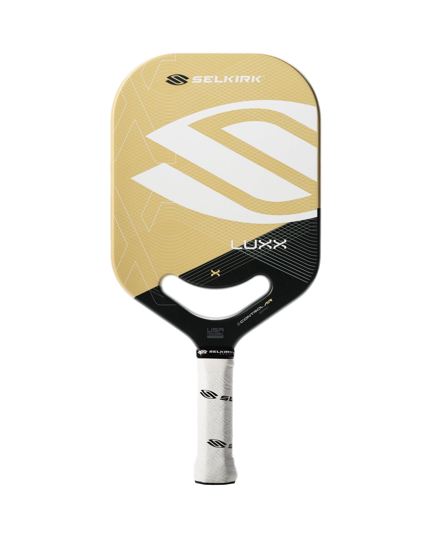A Pickleballist Selkirk LUXX Control Air Epic Pickleball Paddle featuring a beige and white design with black and gold accents, positioned vertically. This control paddle ensures precision in every shot.