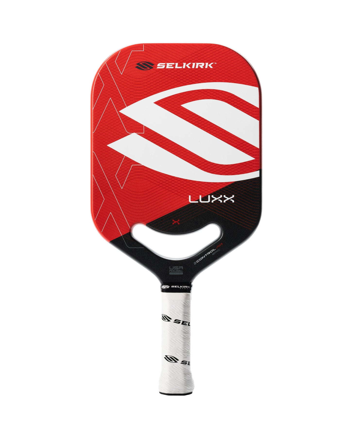 Red and white Pickleballist LUXX Control Air Epic pickleball paddle with Florek Carbon Fiber, black grip, and geometric pattern.