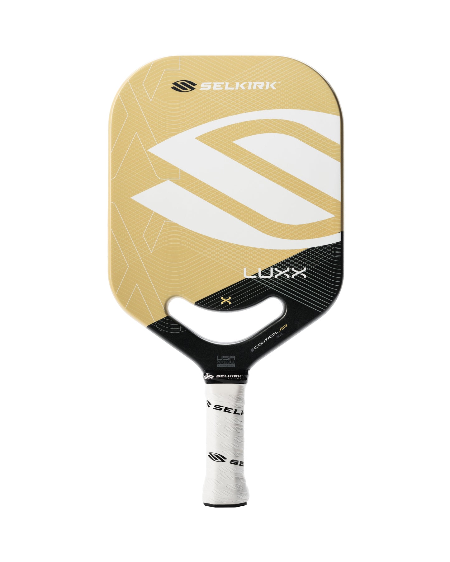 A Pickleballist LUXX Control Air S2 pickleball paddle with a geometric design in white, black, and yellow, featuring the brand's logos on the Florek Carbon Fiber paddle face and grip.