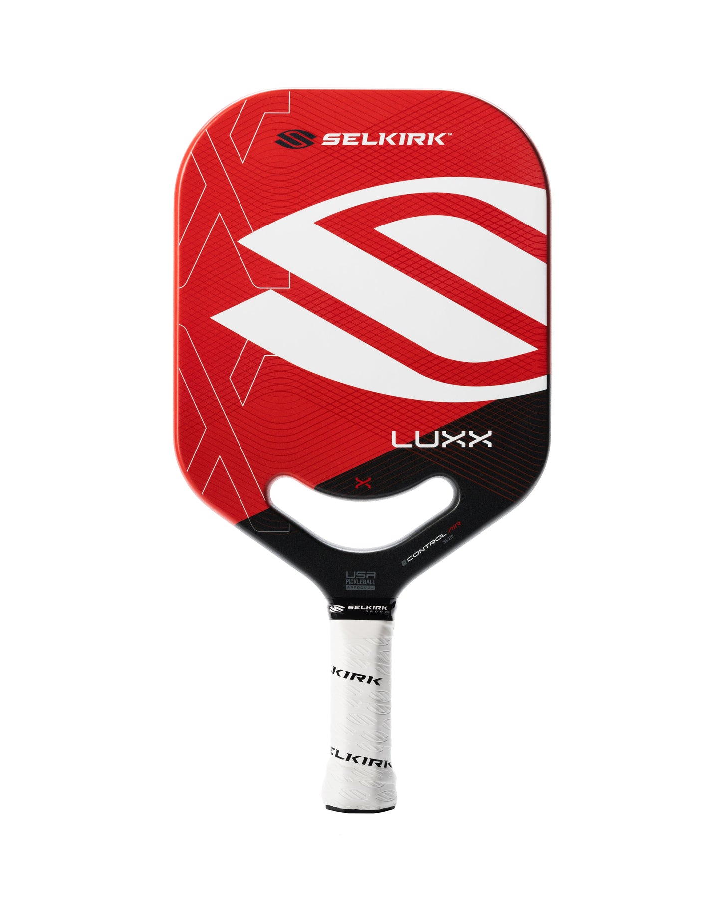 A red and white Pickleballist Selkirk LUXX Control Air S2 pickleball paddle with distinctive geometric patterns and branding on the surface.