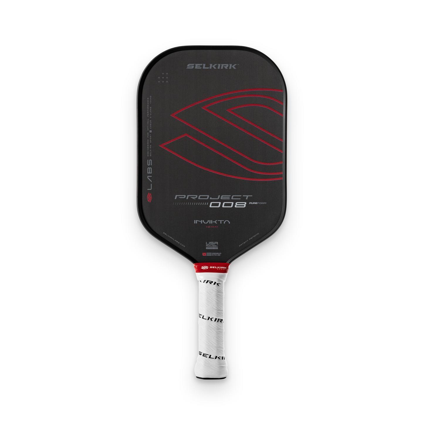 The Pickleballist Selkirk Labs Project 008 Invikta Elongated 10mm Pickleball Paddle features a black face, red accents, and a white grip, shown on a white background—ideal for updating your product description with vibrant appeal.
