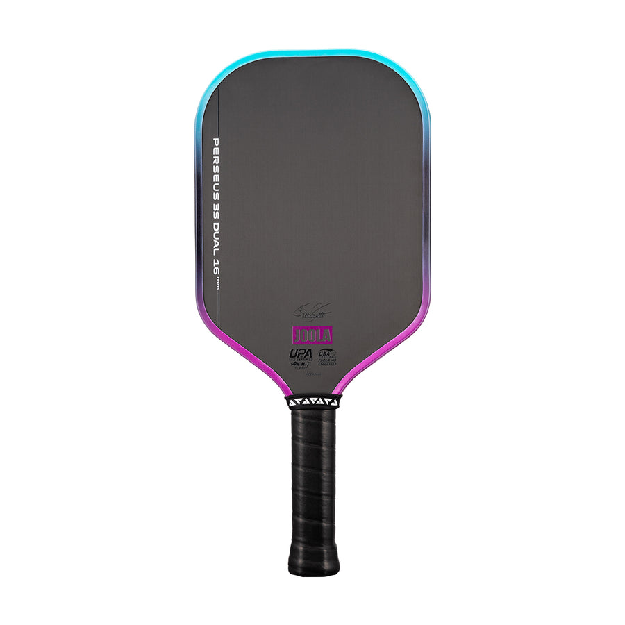 The JOOLA Perseus 3S Dual 16mm Pickleball Paddle, featuring a carbon fiber black face, blue and purple trim, and a black grip handle, is displayed against a white background.