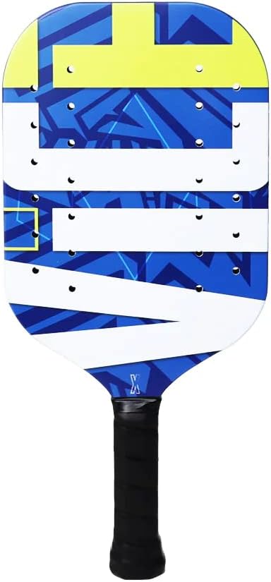 The Diadem Vice Pickleball Paddle by Diadem features a stylish blue and white design with yellow accents and a black grip handle. The paddle also boasts circular cutouts and an eye-catching geometric pattern.