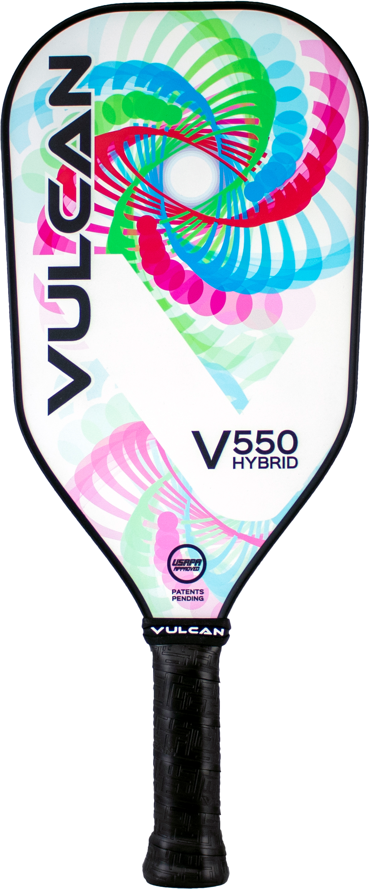 A close-up view of the Vulcan V550 Elongated Pickleball Paddle with a colorful abstract design and a black handle. The paddle features the Vulcan logo and text indicating 'V550 Hybrid,' embodying the essence of Black Entropy.