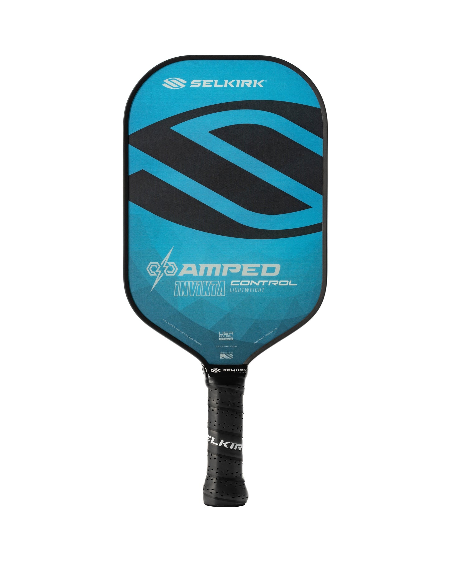 A blue and black Selkirk AMPED Control Invikta 16mm Pickleball Paddle with branded "Invikta" face and a wrapped handle.