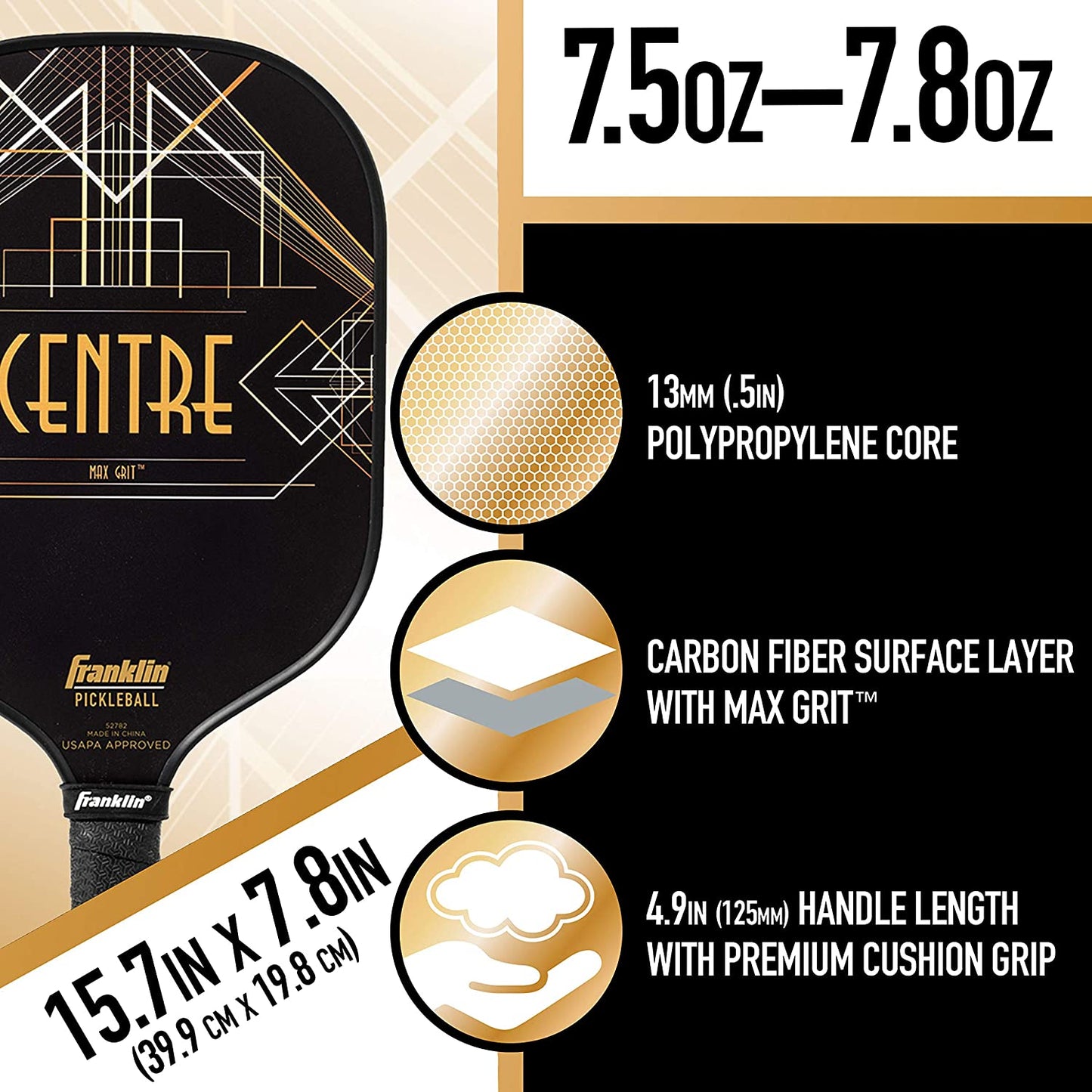 Graphic advertisement for USAPA approved Pickleballist Franklin Aspen Kern Centre Carbon Fiber pickleball paddle, detailing its dimensions, weight, and material components like polypropylene core and MaxGrit surface material.