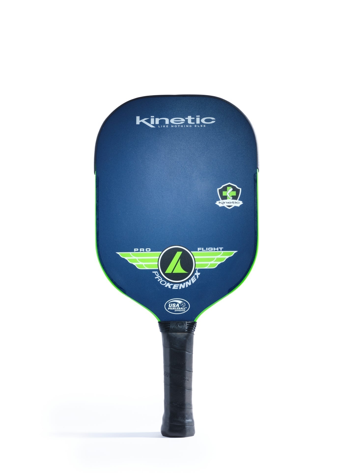 Front view of a blue ProKennex Kinetic Pro Flight Pickleball Paddle featuring green accents, a black handle, and a Kinetic shock absorbing system on a white background.