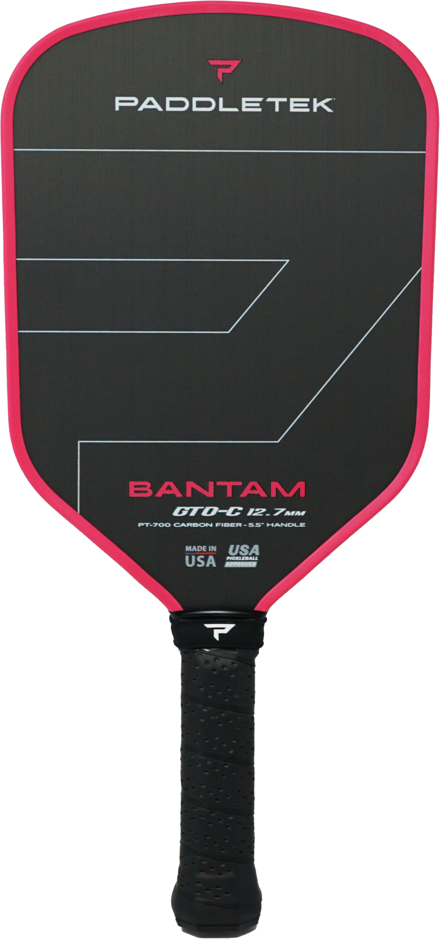 Product description: The Paddletek Bantam GTO-C 12.7mm Carbon Fiber Pickleball Paddle features a black face, pink edge, and ergonomic black grip for comfort and control.