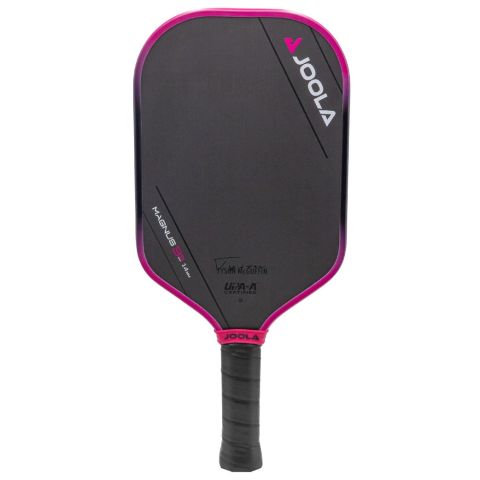 A black JOOLA Tyson McGuffin Magnus 3S 14mm Pickleball Paddle with pink trim, showcasing JOOLA branding and USA Pickleball approval on the paddle face.
