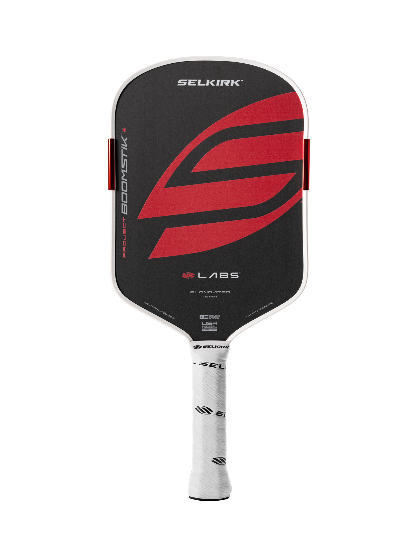 The Selkirk LABS Project Boomstik Elongated 16mm Pickleball Paddle with Infinigrit features a black design with red graphics and a white handle, photographed on a white background—ideal for players seeking advanced spin and control.
