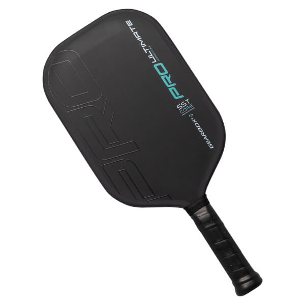 A Gearbox Pro Ultimate Elongated 16mm pickleball paddle in black, with "Pro Ultimate" and "SST Core" in turquoise, features a textured handle.