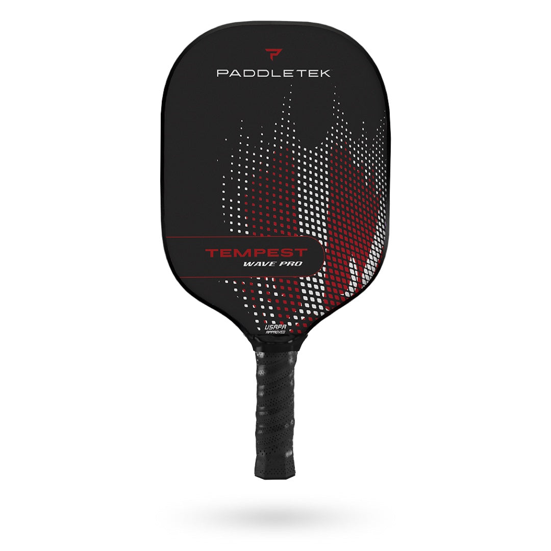 A Pickleballist Tempest Wave Pro pickleball paddle equipped with Smart Response Technology, in black and red with a gradient dot design on the face.
