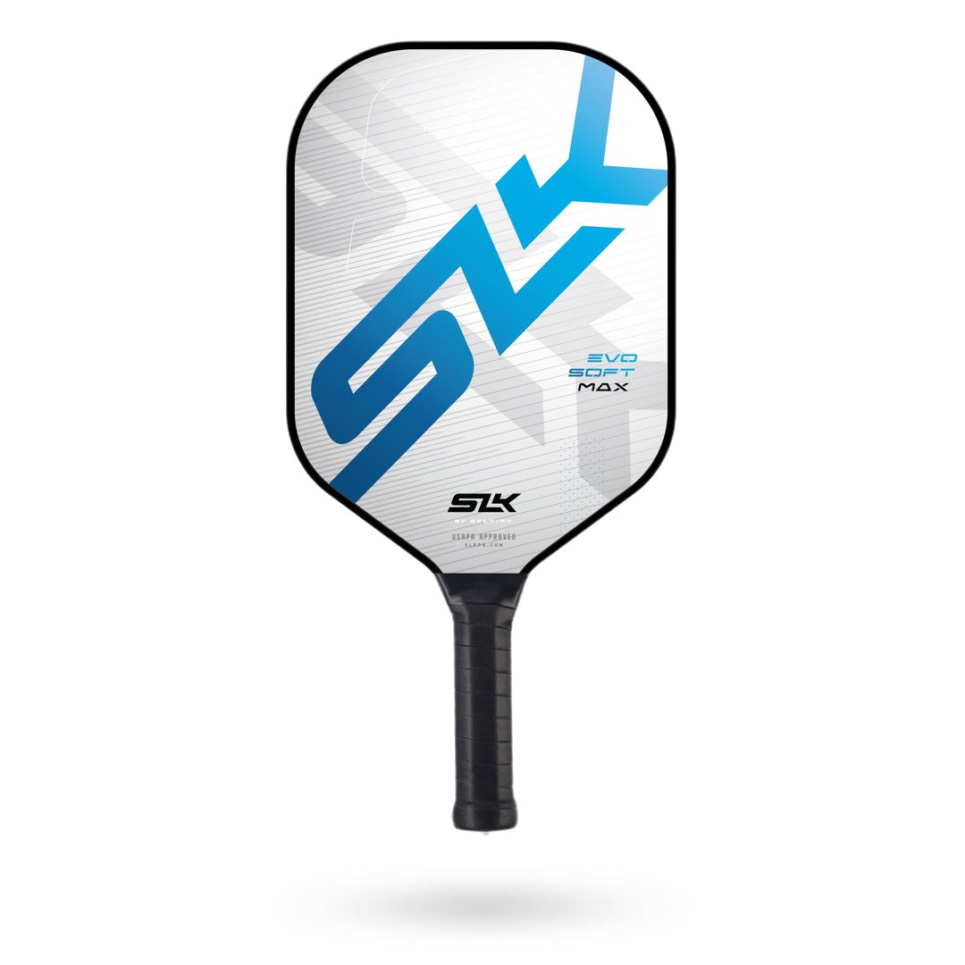 A Selkirk SLK Evo Soft Max Pickleball Paddle featuring a blue and white design with an ultra-comfort grip, and the logo "sk" and the text "evo max" displayed prominently.