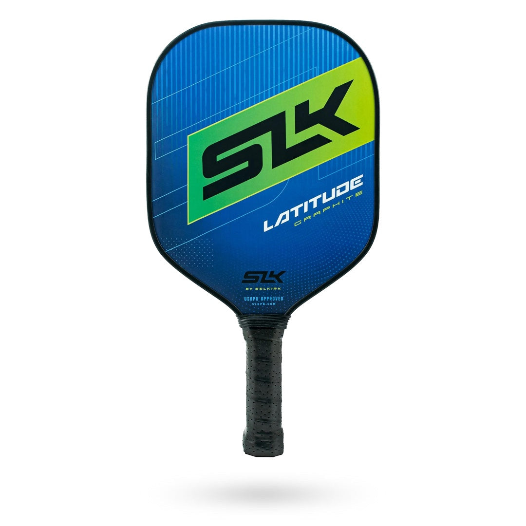 Blue and green Pickleballist Selkirk SLK Latitude pickleball paddle with optimal grip circumference against a white background.