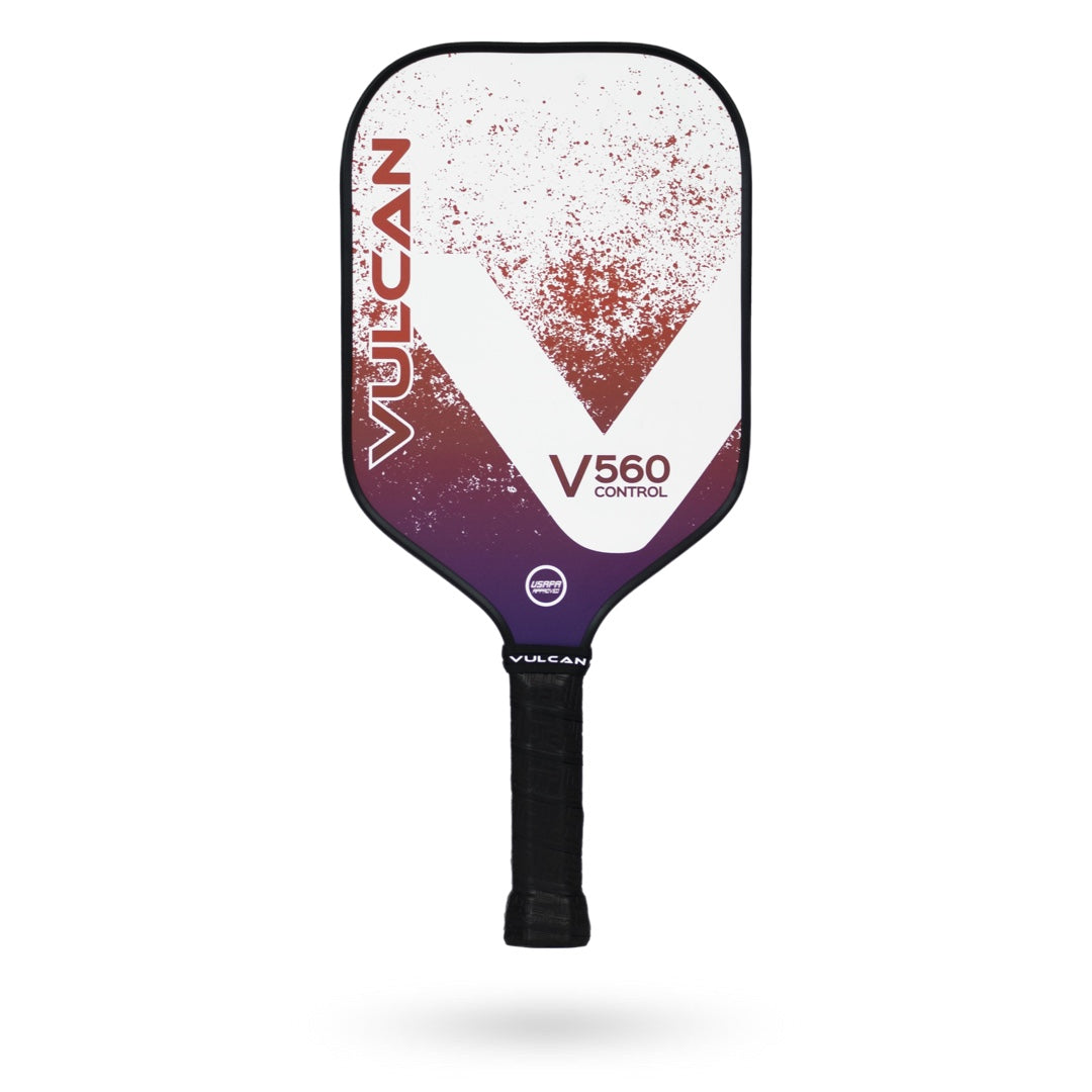 A Pickleballist Vulcan V560 Control pickleball paddle with a white and maroon gradient design, perfect for all-court players, isolated on a white background.