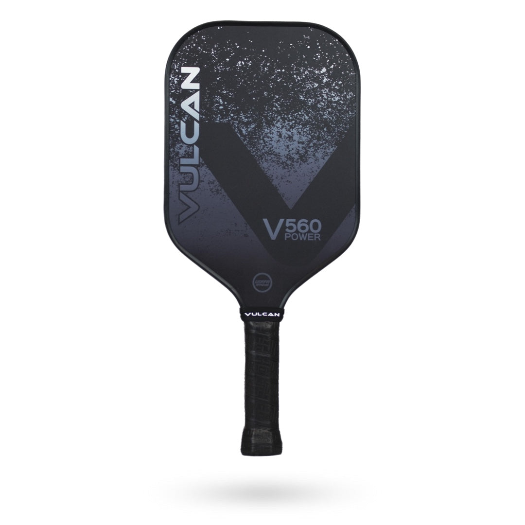 A Pickleballist Vulcan V560 Pickleball Paddle with a black and gray design, isolated on a white background.