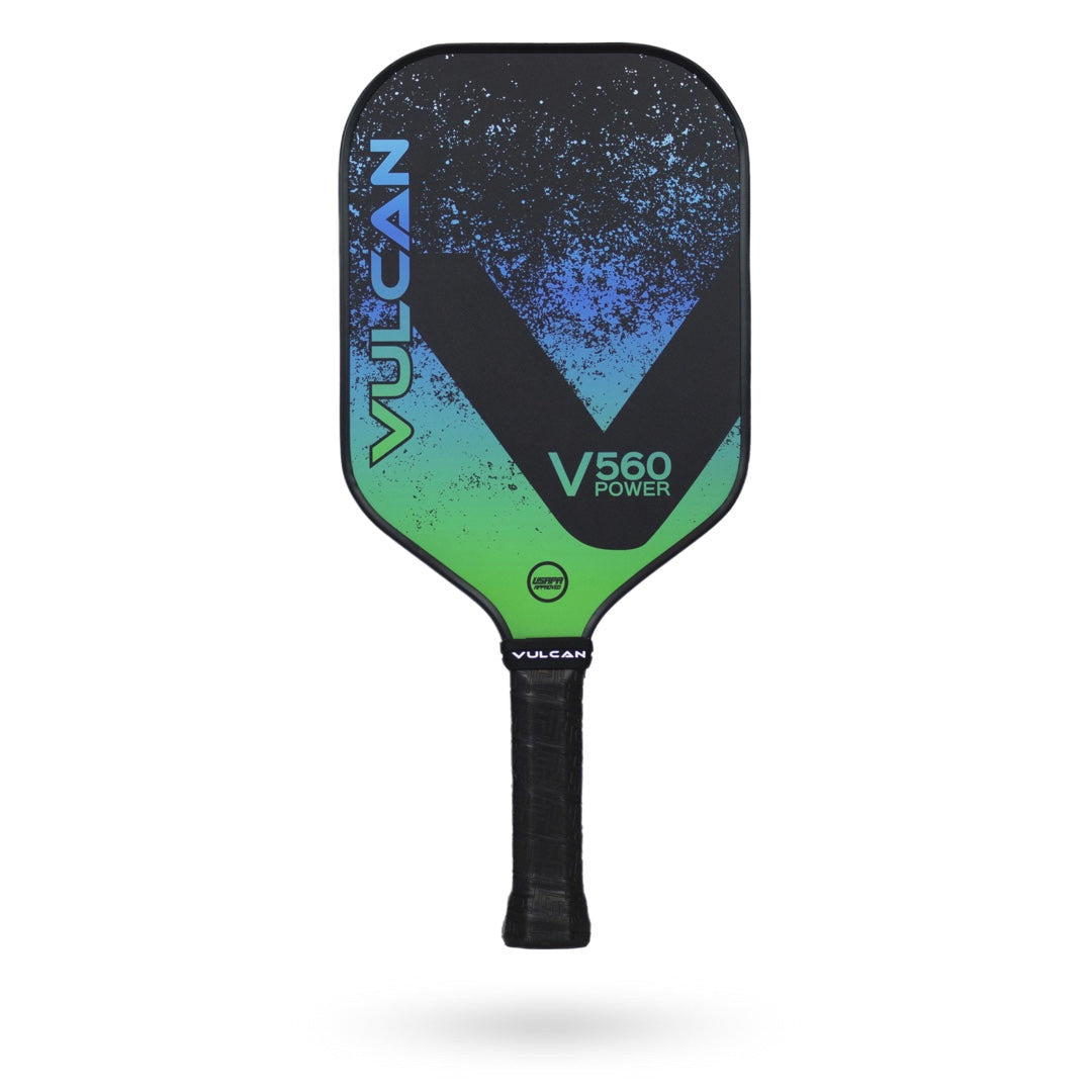 A Pickleballist Vulcan V560 Control pickleball paddle with a color gradient design from green to blue, and black grip handle, against a white background.