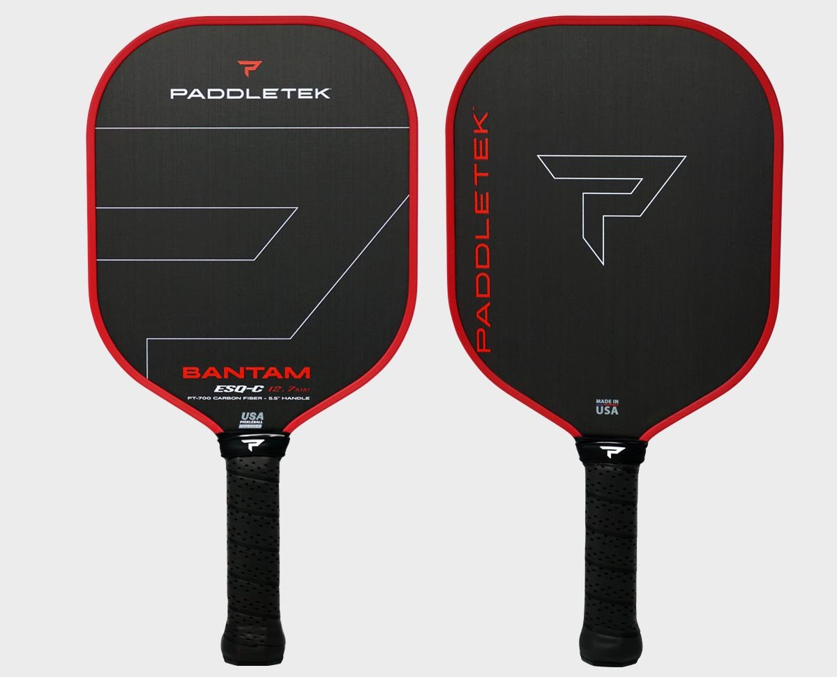 Two Paddletek Bantam ESQ-C pickleball paddles, with black and red carbon fiber design, showcasing the front and back views along with the "Bantam" name and logo.