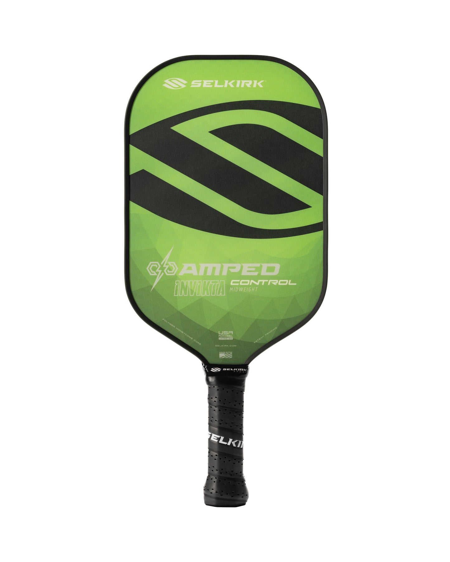 A Selkirk AMPED Control Invikta 16mm Pickleball Paddle in green with black accents and the words "Amped" and "Invikta.