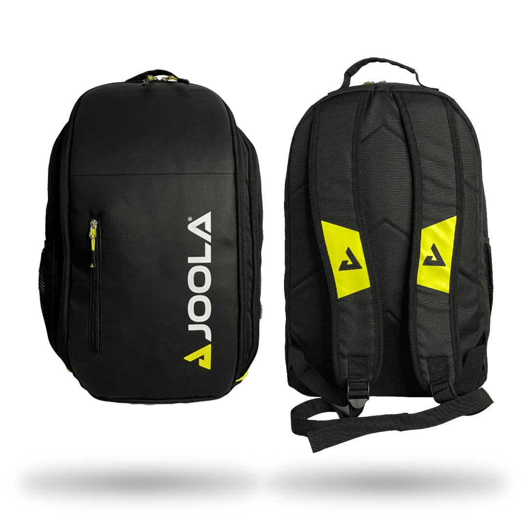 Front and side views of a black Pickleballist Vision II Backpack Pickleball Bag made from 600d Polyester with yellow logos, featuring a padded back and adjustable straps.