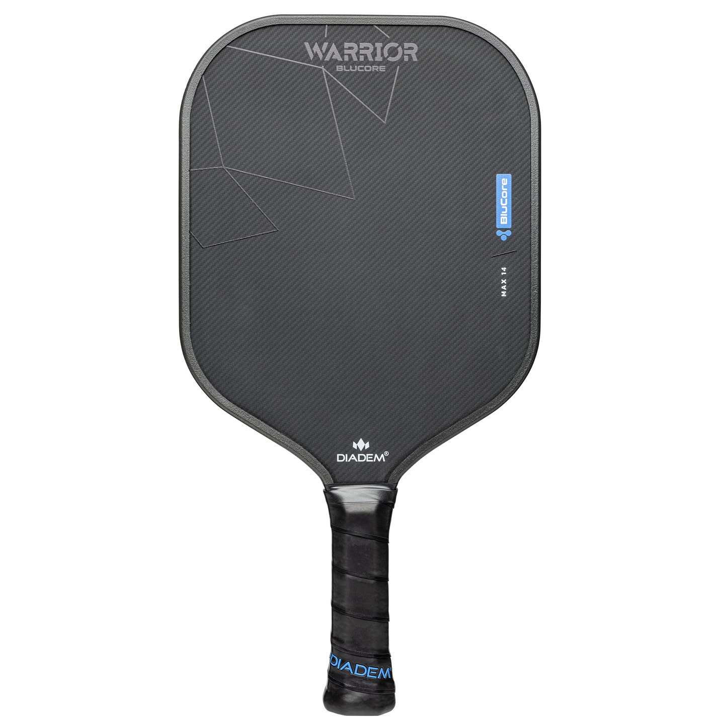 The Diadem Warrior BluCore Max Widebody 16mm Pickleball Paddle features a textured black surface, geometric design, and wrapped handle, showcased here against a white background.