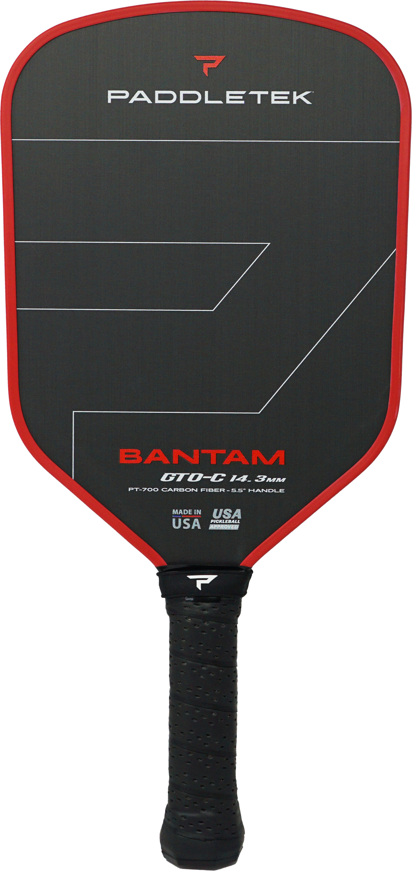 The Paddletek Bantam GTO-C 14.3mm Carbon Fiber Pickleball Paddle boasts a black and red design, textured handle, and graphic face, blending style with high performance for competitive play.