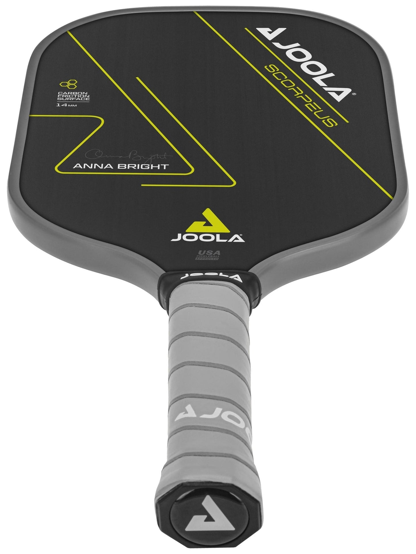 A JOOLA Anna Bright Scorpeus CFS 14mm pickleball paddle with a black surface, yellow lines, and gray handle. The brand "JOOLA" is visible on the paddle along with the name "Anna Bright.