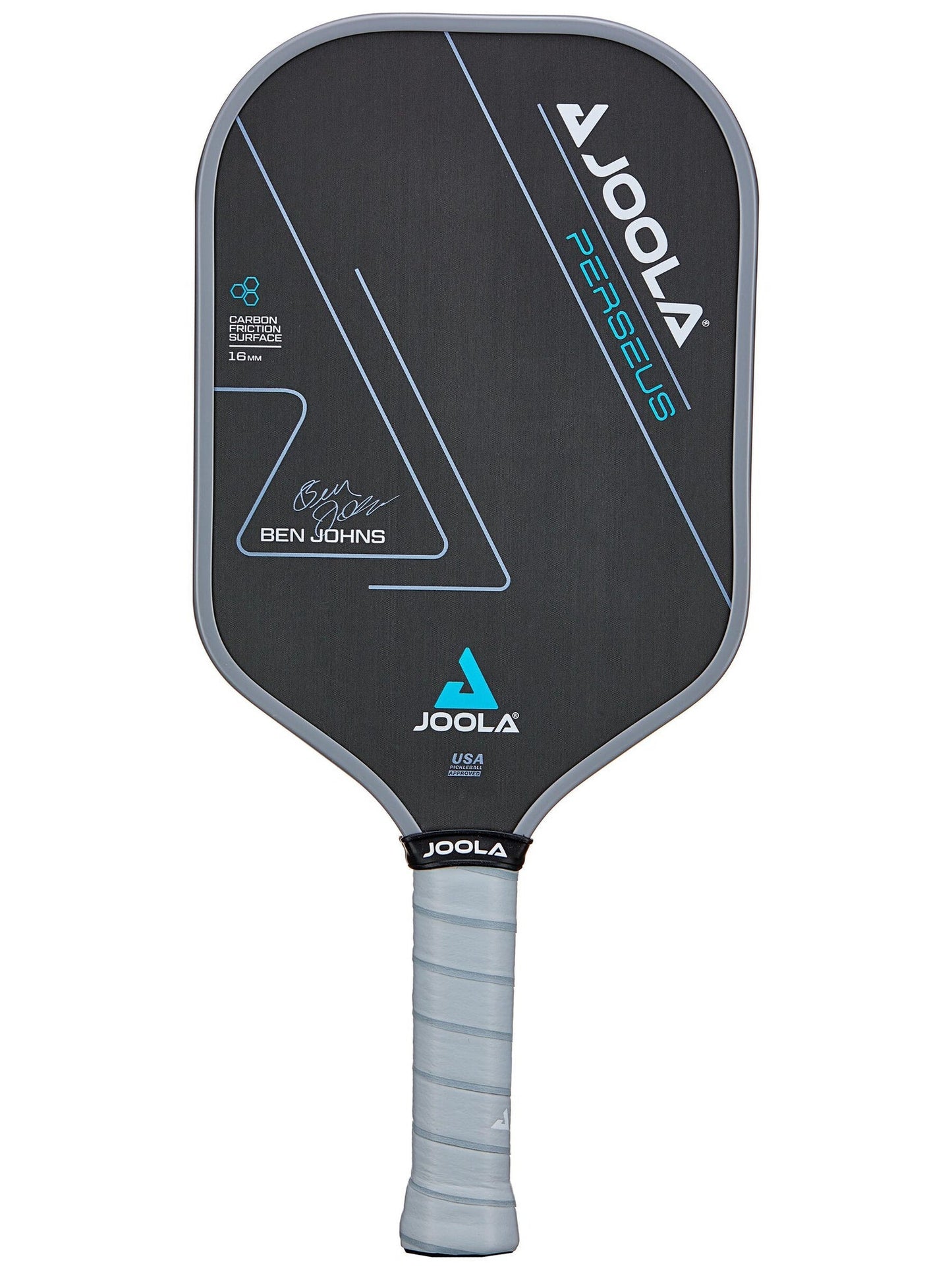A black JOOLA Ben Johns Perseus CFS 16mm Pickleball Paddle with grey and teal accents, featuring Ben Johns' signature on the face, and a grey grip handle.
