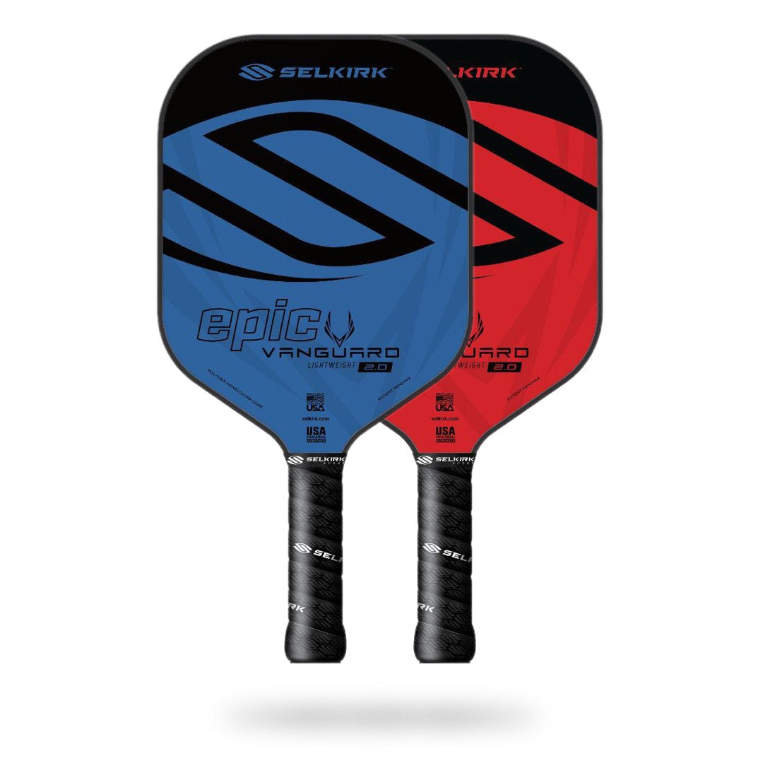 Two Selkirk Vanguard Epic Pickleball Paddles are displayed. One paddle is blue and the other red. Both feature the "epic" text and logo on the front, black grips, and a resilient X5 Honeycomb core for enhanced play.