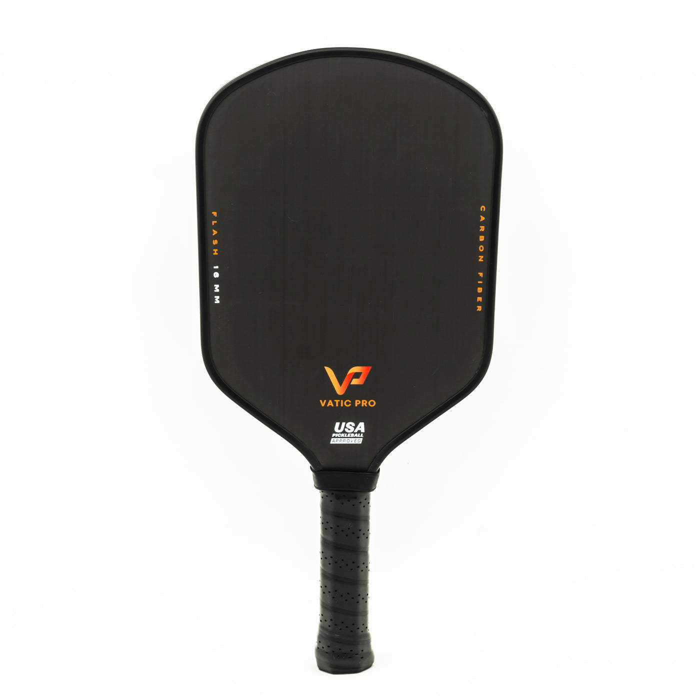 A black Pickleballist Vatic Flash 16mm pickleball paddle with orange and yellow text, centered against a white background.