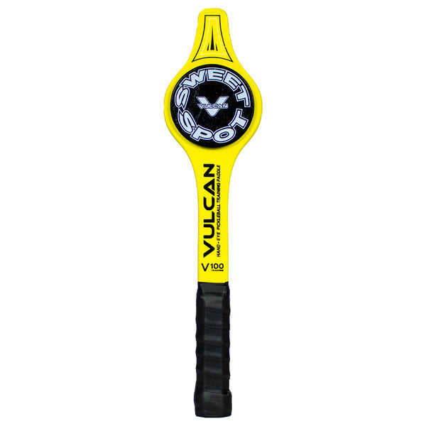 Yellow and black Vulcan V100 TRAINING PADDLE Pickleball Paddle with "SWEET SPOT" text and logo on the round head, designed to improve hand-eye coordination by providing instant feedback.