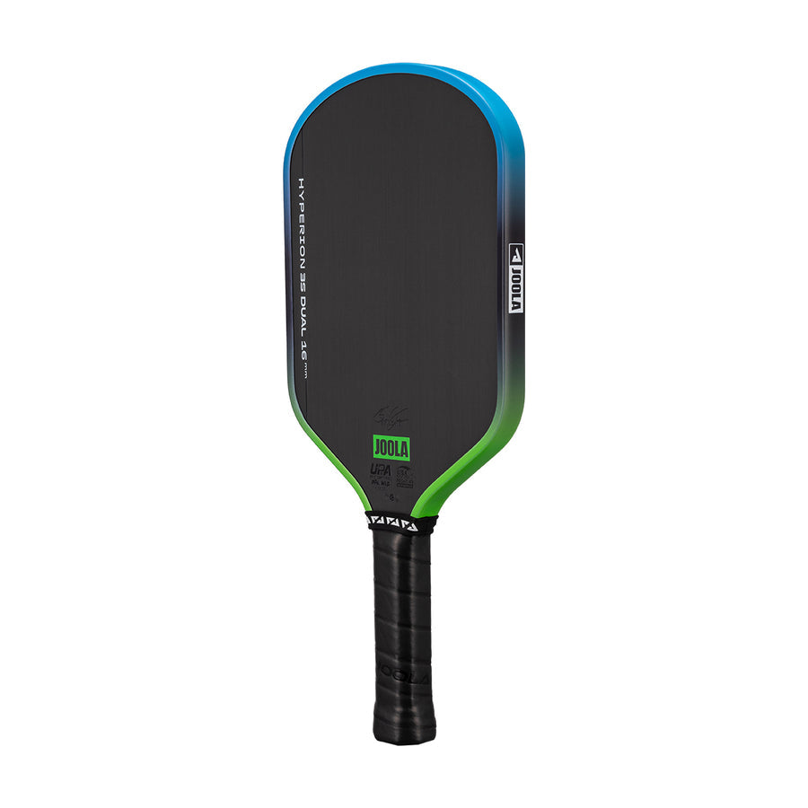 The JOOLA Hyperion 3S Dual 16mm Pickleball Paddle, black with a blue and green edge and black grip, features a Charged Carbon Surface and stands upright against a white background.