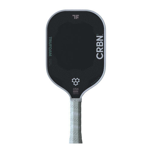 A black CRBN 1 TruFoam Genesis TF¹ Elongated 14mm Pickleball Paddle with a white grip-taped handle.