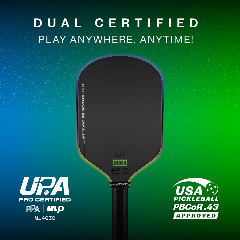 The JOOLA Hyperion 3S Dual 16mm Pickleball Paddle, featuring USA Pickleball and PPA/MLP certification logos, appears on a blue-green gradient background with the slogan "Play Anywhere, Anytime!.