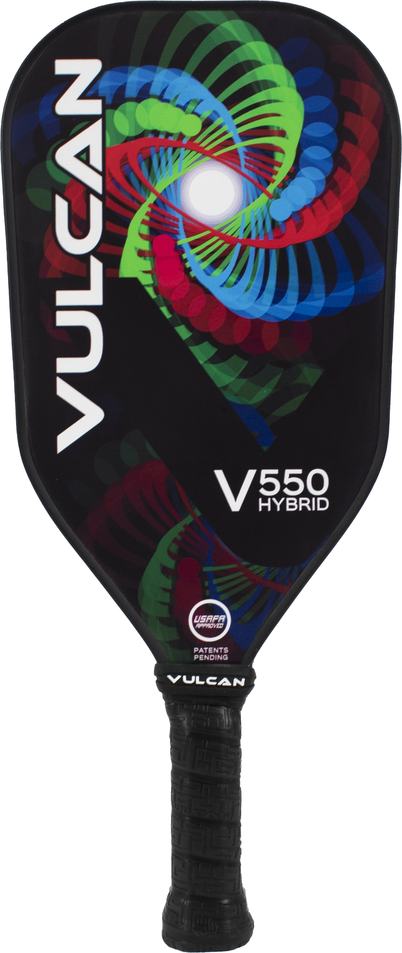 A Vulcan V550 Elongated Pickleball Paddle with a black background and colorful abstract swirl design, featuring a textured grip handle. This dynamic pickleball paddle embodies Black Entropy, merging performance and style seamlessly.