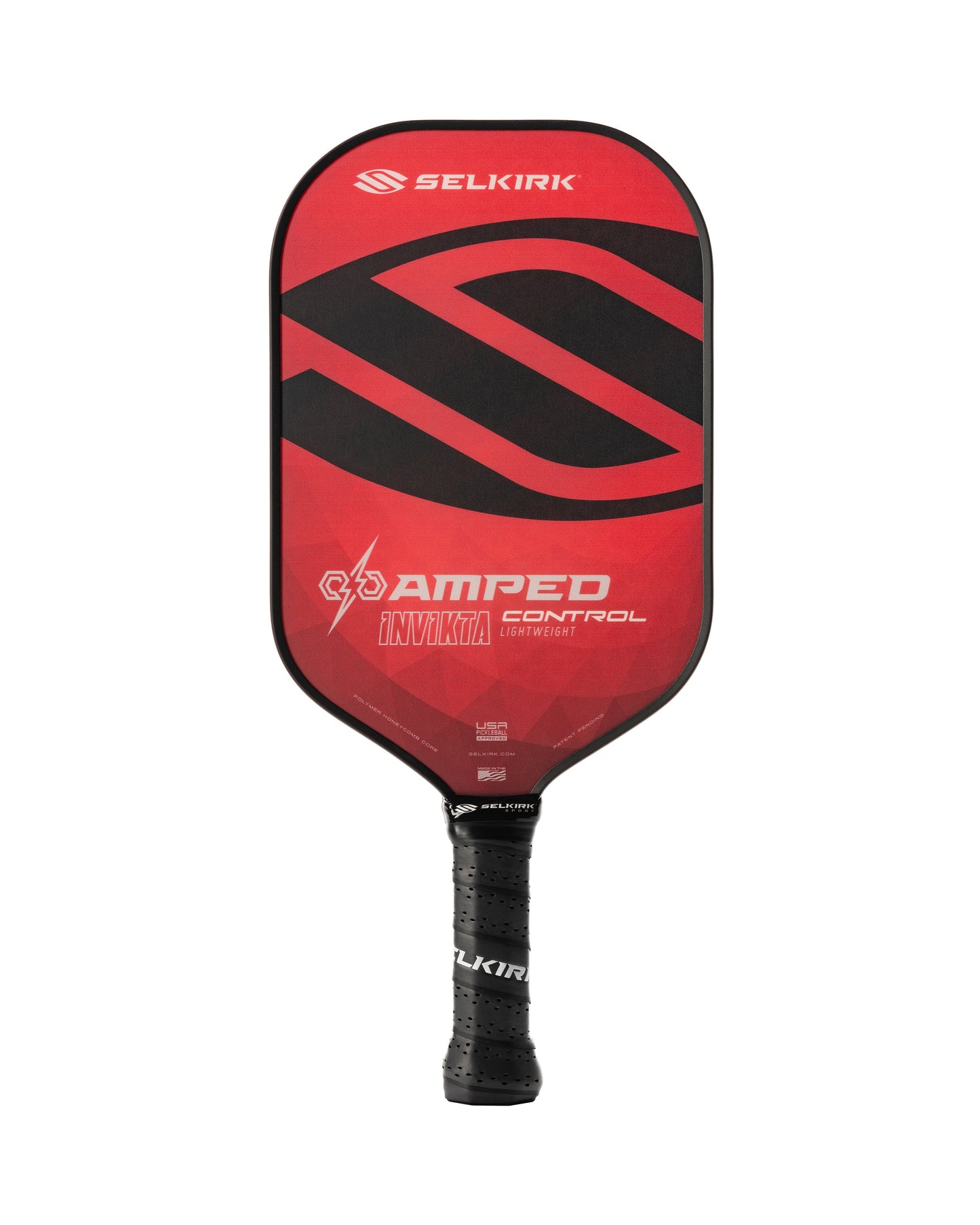 Red Selkirk AMPED Control Invikta 16mm pickleball paddle with black handle and text on the face.
