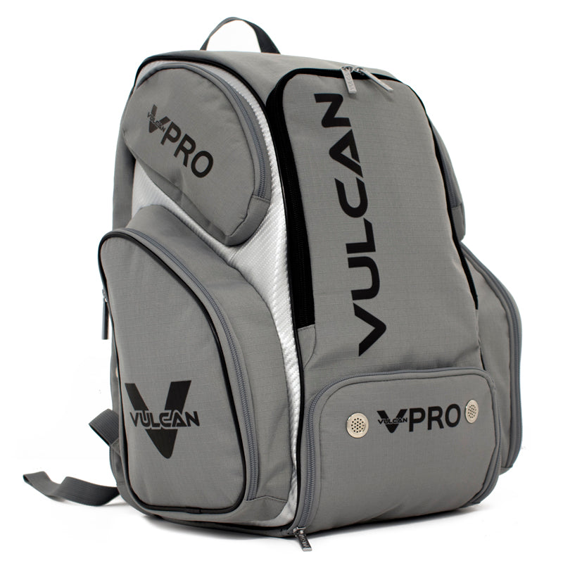 A gray Pickleballist Vulcan VPro Pickleball Bag with multiple compartments and black zippers, featuring the Vulcan logo prominently displayed.