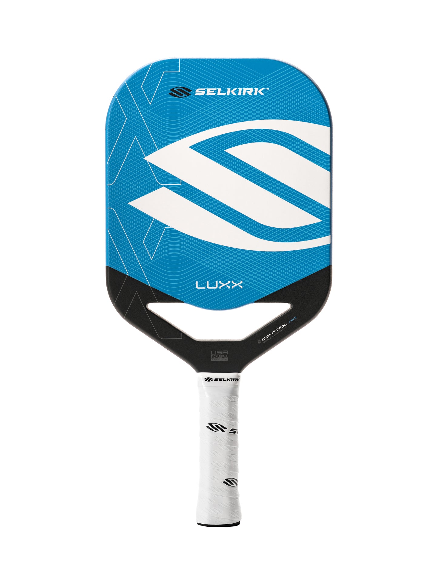 The Selkirk LUXX Control Air Epic with InfiniGrit Pickleball Paddle is a blue and black paddle featuring a large white logo and white handle.