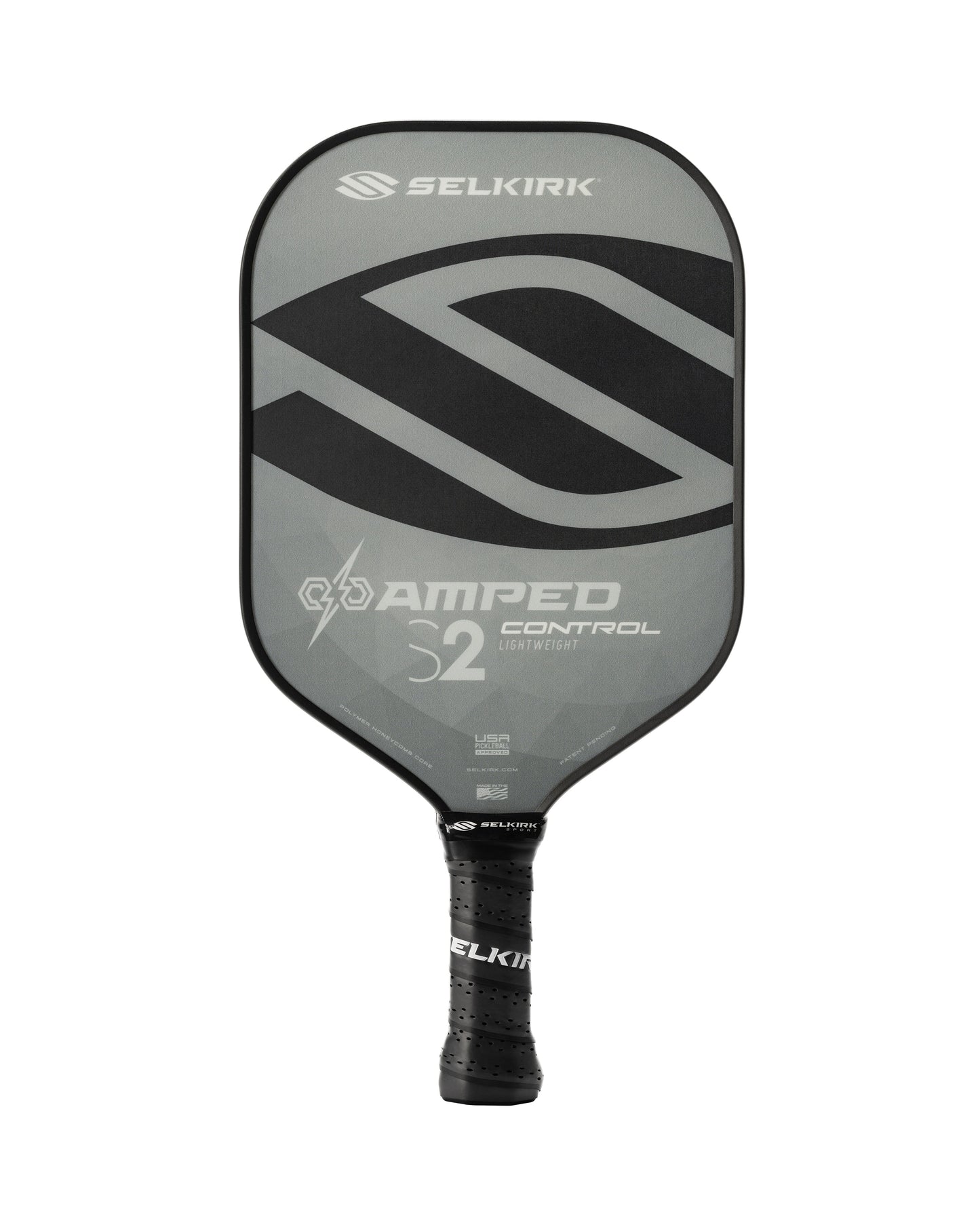 Selkirk AMPED Control S2 16mm Pickleball Paddle features a large "S" logo and a black handle wrapped with the Selkirk logo.