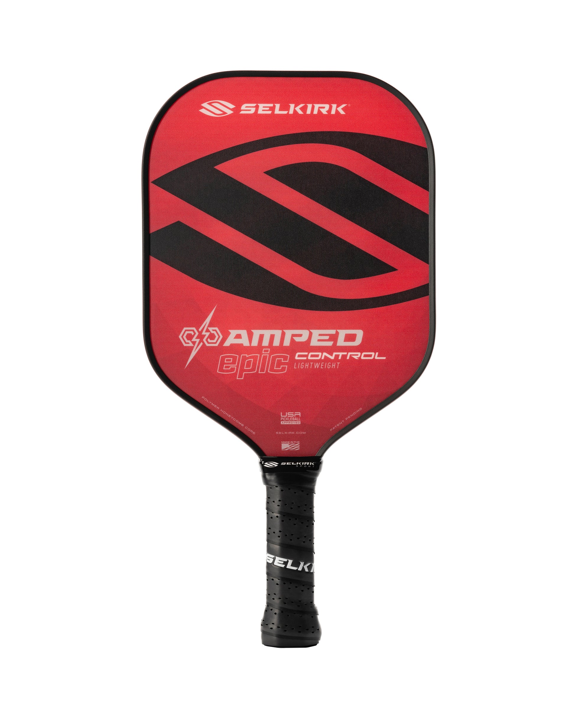 Red Selkirk AMPED Control Epic 16mm Pickleball Paddle with black handle and logo, showcasing the words "Control" and "Lightweight.