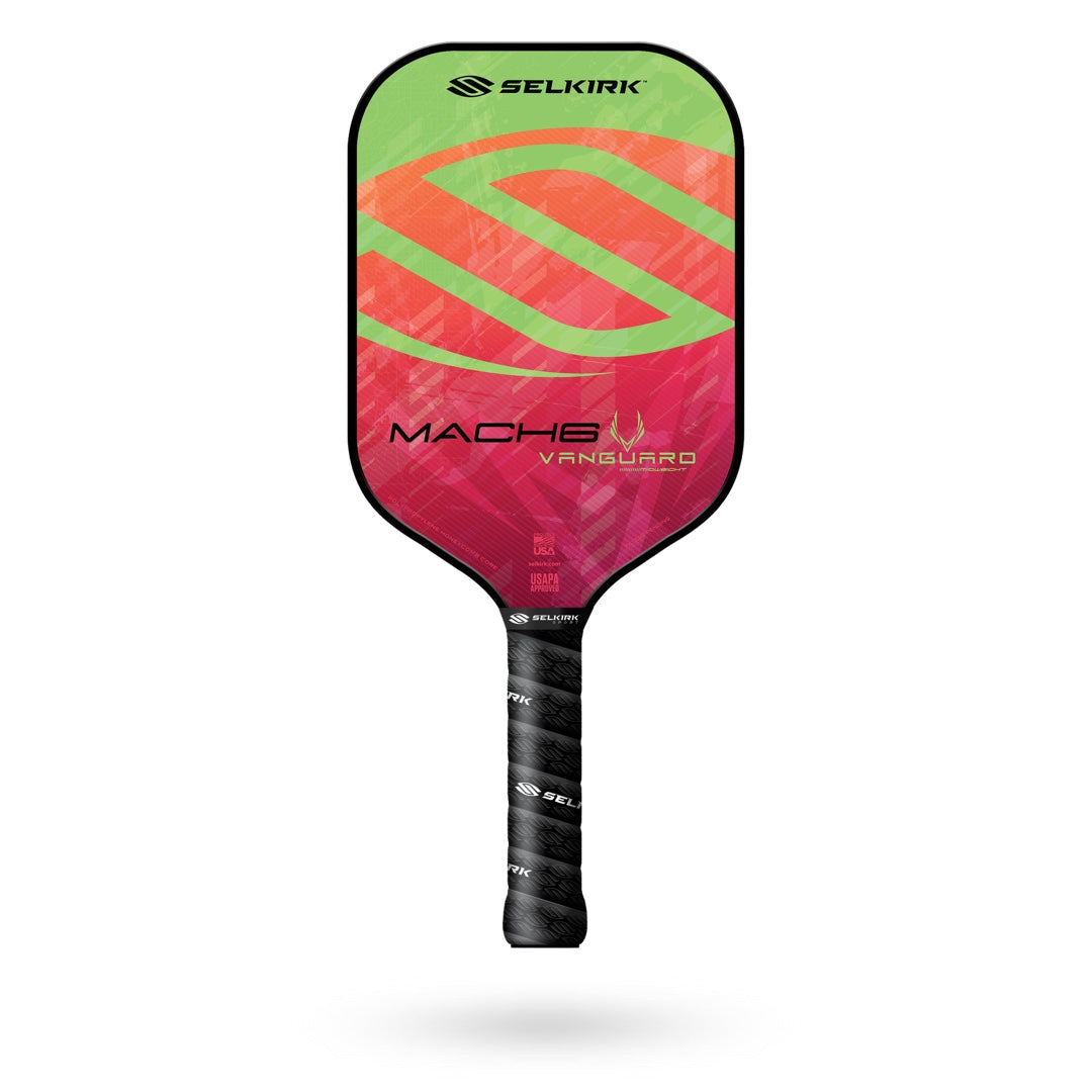 A Selkirk pickleball paddle with a green, red, and black design, labeled "Selkirk Vanguard Mach6 Pickleball Paddle," perfect for tennis players transitioning to pickleball or those who excel with a two-handed backhand.